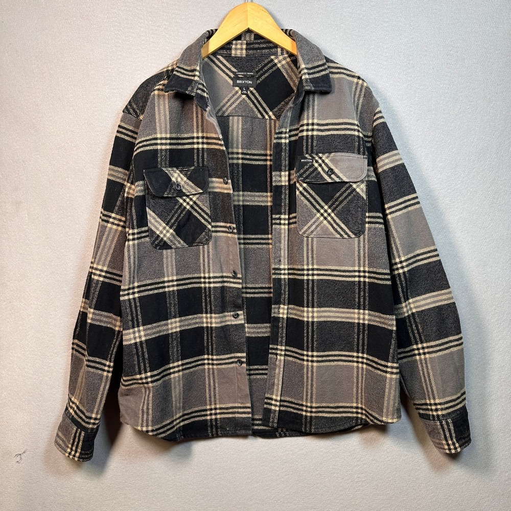 Brixton Bowery Heavyweight Flannel Shirt Mens Large Black Grey Plaid Button Up